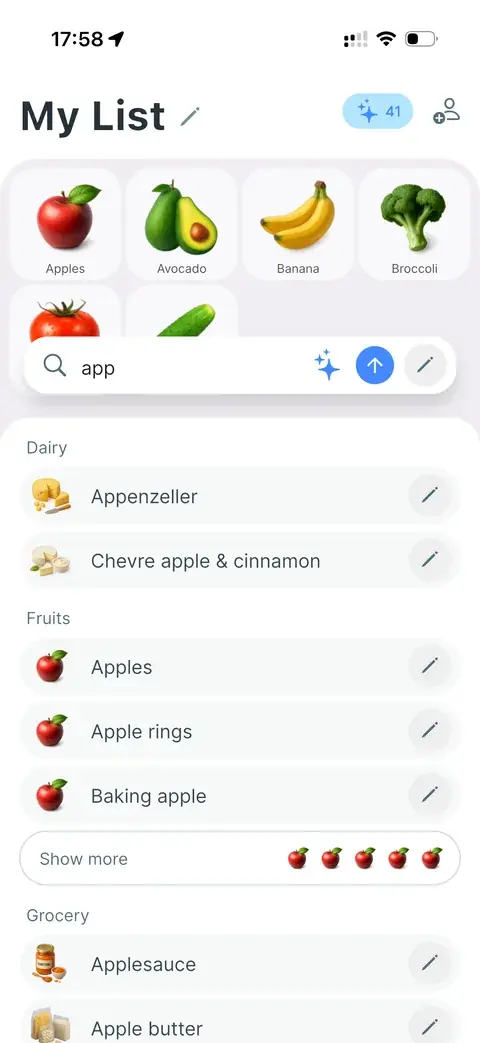 Search results grouped by catalogue section