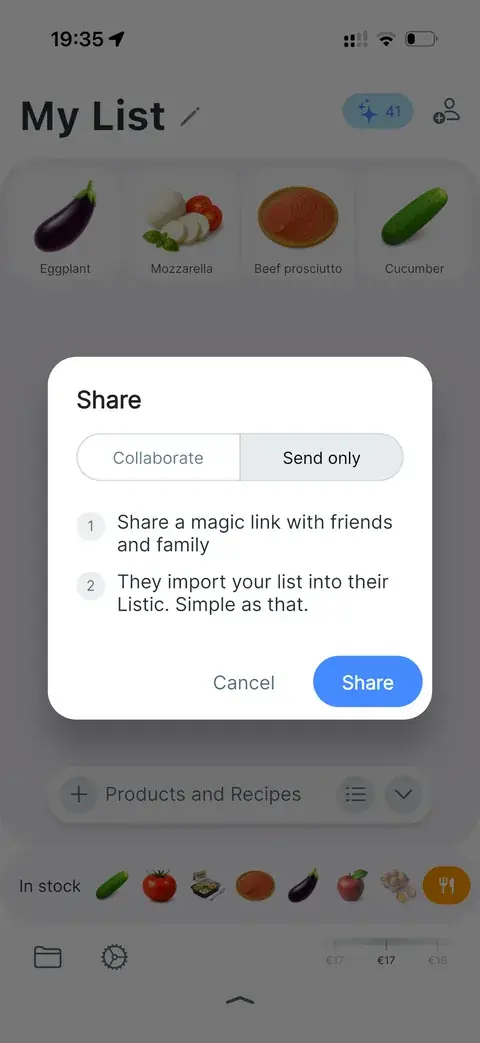 Share dialog with Collaborate and Send only