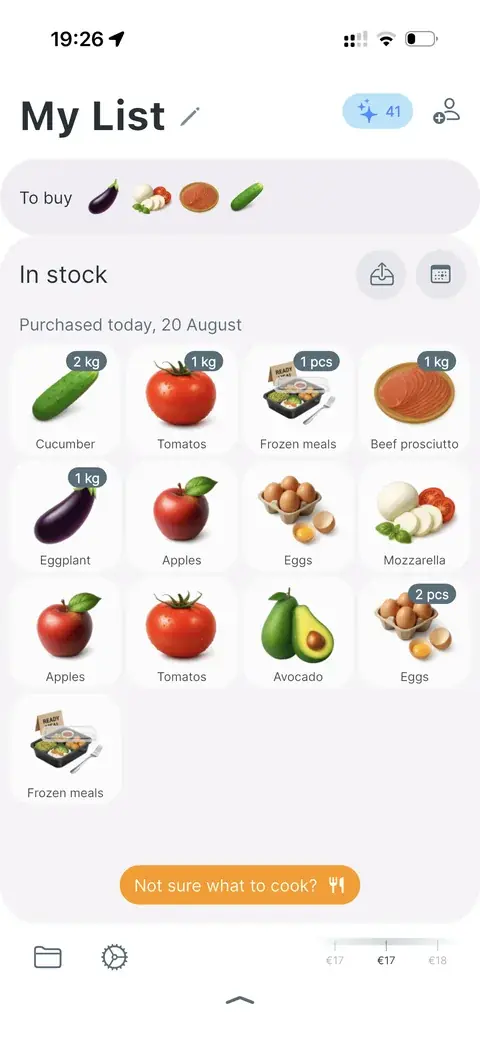 In-stock grid with purchase quantities