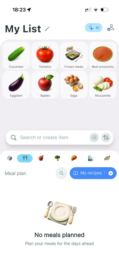 Recipes tab in the catalogue with an empty meal plan