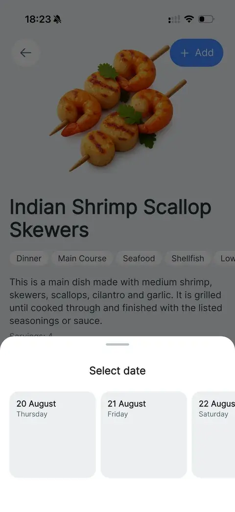 Selecting a date to add a recipe to the meal plan
